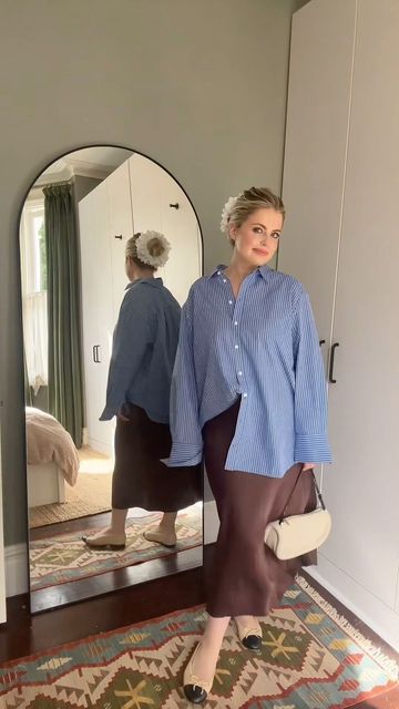 alison hope murray on Instagram: "It’s no longer sweltering but it’s also not cold, cold yet. I love chocolate brown and this shade of blue together. Oversized shirt is the L and the midi skirt is size 14 both gifted from @ro_and_zo. This is both my favourite and least favourite time of the year to get dressed so sharing some styling inspo to get you through!" Midi Skirt With Oversized Shirt, Capsule Wardrobe Outfits, Shade Of Blue, I Love Chocolate, Love Chocolate, Oversized Shirt, Time Of The Year, Get Dressed, Chocolate Brown