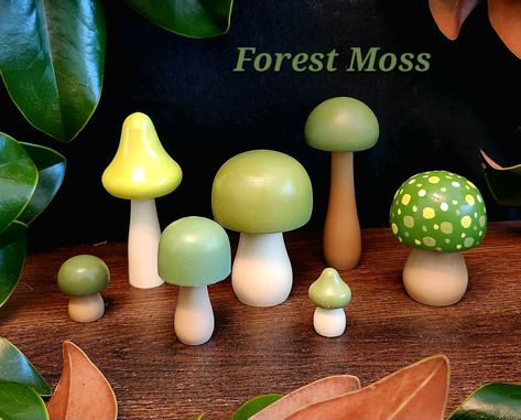 "Hand-Painted Wooden Mushroom Set - Seven (7) Pieces, Original, Customizable, Great for Gardens, Home Decor, Office, Tabletop or Shelf, Educational Toy Color:  FOREST GREEN You will receive one set of seven (7) wooden mushrooms per order. Each mushroom is unique - they are hand painted, and one-of-a-kind!  Please visit my shop page to view the many different color options that are currently available to ship OR, you can select your own custom colors (see details below). DESCRIPTION:  Our wooden Painted Mushrooms Acrylic, Wooden Mushrooms Painted, Painted Wood Mushrooms, Painted Wooden Mushrooms, Wooden Mushrooms, Mushroom Paint, Mushroom Crafts, Under The Rainbow, Mushroom Art