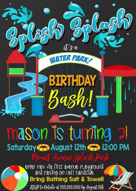 Water Park Birthday Party, Birthday Bash Invitation, Birthday Pool Party, Birthday Party At Park, Pool Party Themes, Splash Party, Park Birthday, Splash Park, Pool Birthday