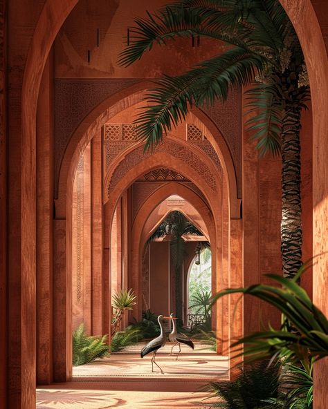 Marrakech villa interior with palm trees and birds, pink arches and terracotta walls, photorealistic architectural photography, highly detailed in the style of unknown artist Pink Arches, Marrakech Walls, Terracotta Walls, Marrakech Style, Villa Interior, Brick Architecture, Architectural Photography, Marrakech, Architecture Photography