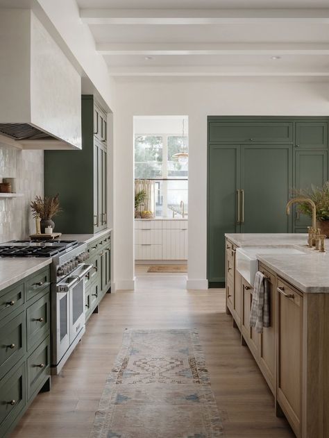 Light Oak Floors, White Oak Kitchen, Sage Green Kitchen, Green Kitchen Cabinets, Beautiful Home Designs, Green Cabinets, Oak Kitchen, White Brick, Green Kitchen