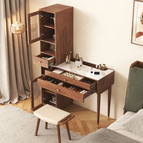 JASIWAY Modern Simple Makeup Vanity Dressing Table - Bed Bath & Beyond - 38120771 Make Up Tafel, Makeup Vanity With Drawers, Glass Cabinet Door, Makeup Vanity Stools, Dressing Table With Drawers, Bedroom Makeup Vanity, Mirror Stool, Makeup Vanity Mirror, Wood Table Top