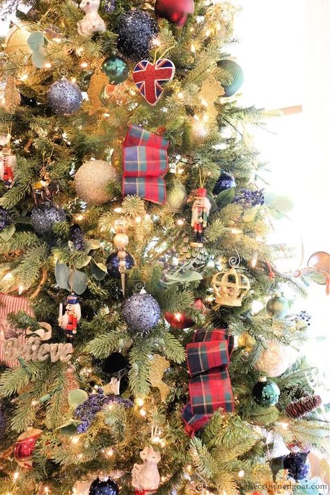 British Themed Traditional Christmas Tree with Plaid Ribbon and Ornaments-The Crowned Goat Blue And White Tartan Christmas, Nutcracker Plaid Christmas Tree, Green And Blue Plaid Christmas Decor, Blue Tartan Plaid Christmas, Chinoiserie Christmas Trees, Tartan Plaid And Chinoiserie Christmas, Swag Garland Christmas, Chinoiserie And Plaid Christmas, Ralph Lauren Christmas Decor Ideas