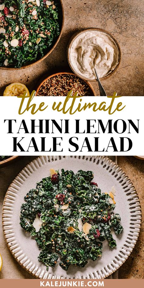 Kale And Tahini Salad, Lemon Tahini Salad, Salad Dressing For Kale Salad, Kale Salad Tahini Dressing, Tahini Chicken Salad, Tahini Salad Recipes, Kale Salad Dressing Recipes, Tahini Dressing Salad, Paleo Kale Salad