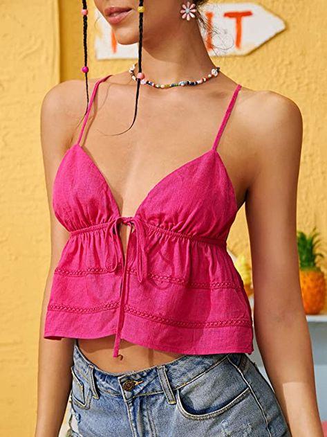 Pink Top Outfit Summer, Hot Pink Clothes, Pink Summer Top, Hot Pink Top, Spring Wardrobe Essentials, Hot Pink Tops, Crop Cami Top, Shein Icon, Spring Fashion Outfits