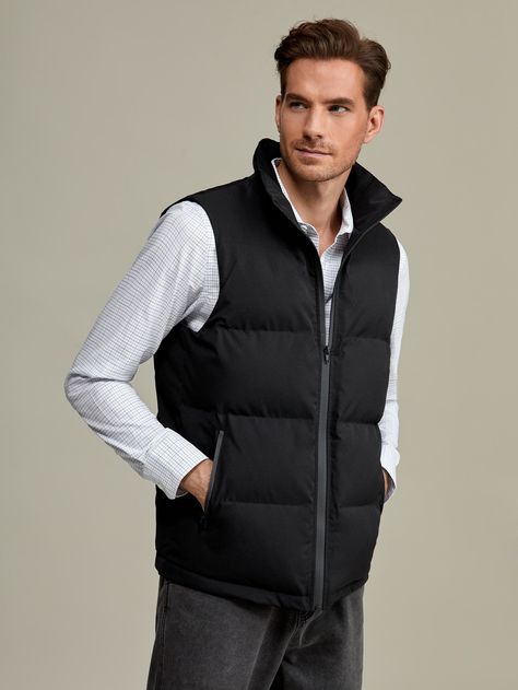 SHEIN Men Zipper Vest Puffer Coat Black Vest Business Casual, Men’s Puffer Vest, Mens Black Vest Outfit, Black Puffer Coat Outfit, Puffy Vest Men, Jacket Without Sleeves, Black Vest Outfit, Puffer Coat Outfit, Vest Outfits Men