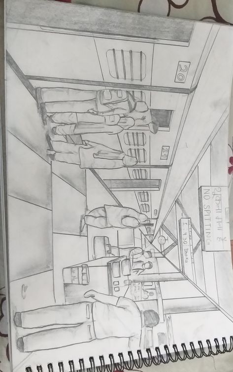 Railway Scene Drawing, Railway Station Drawing In Perspective, Railway Station Drawing Sketch, Railway Station Drawing, One Perspective Drawing, Station Drawing, Architecture Exam, Memory Drawing, Perspective Sketch