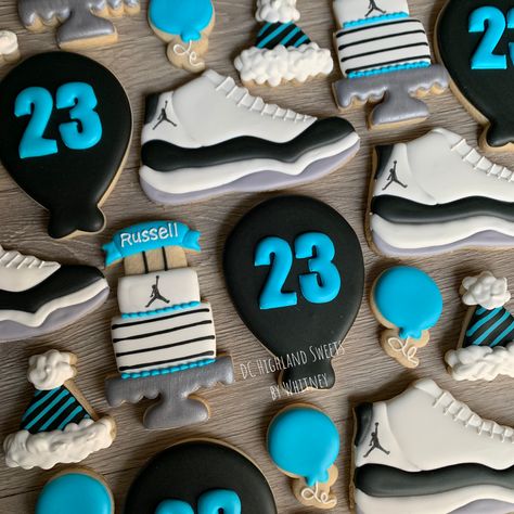 Jordan 23 Party Ideas, Sneaker Theme Party Ideas Air Jordans, Sneaker Ball Cookies, Air Jordan Cookies, Jordan 23 Birthday Party Ideas, Sneaker Ball Baby Shower Ideas, Jordan Themed Birthday Party, Jordan 1 Birthday Theme, Jordan 23 Birthday Ideas