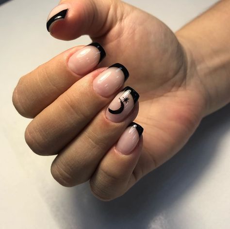 Short Moon Nails, Moon French Tip Nails, Black French Tip Nails Halloween, Black Moon Nails, Nails With Moon, Halloween Nails Ideas, Short Oval Nails, Black French Nails, Witch Nails