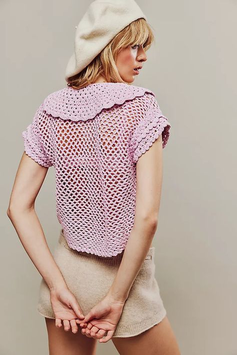 Lily Crochet Top | Free People UK Crochet Summer Blouse, Knitting Basics, Crochet Summer Tops, Fashion Tops Blouse, Summer Blouse, Scalloped Trim, Crochet Crop Top, Summer Blouses, Cotton Crochet