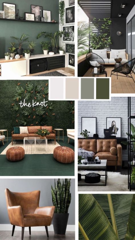 Interior Design Gallery Wall, Cute Cubicle Ideas Bohemian, Green Interior Moodboard, Green On Green Living Room, Forest Green And Grey Living Room, Green Home Interior Design, Green Brown Living Room Earth Tones, Green Salon Ideas, Sage Green And Brown Living Room