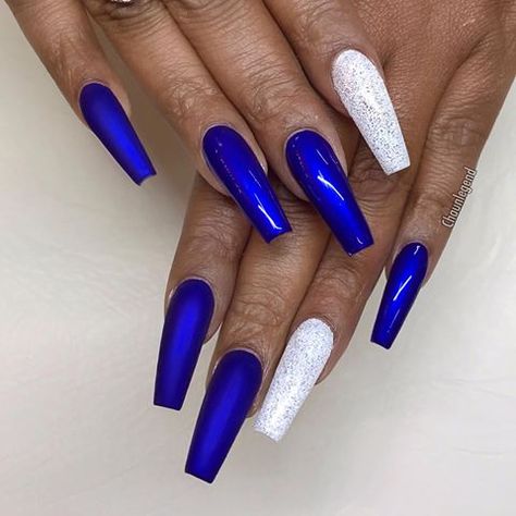 Matte Blue And Silver Nails, Long Coffin Nails, Blue Nail Art Designs, Blue Coffin Nails, Dark Blue Nails, Salon Nails, Stiletto Nail Art, White Acrylic Nails, Coffin Nails Long