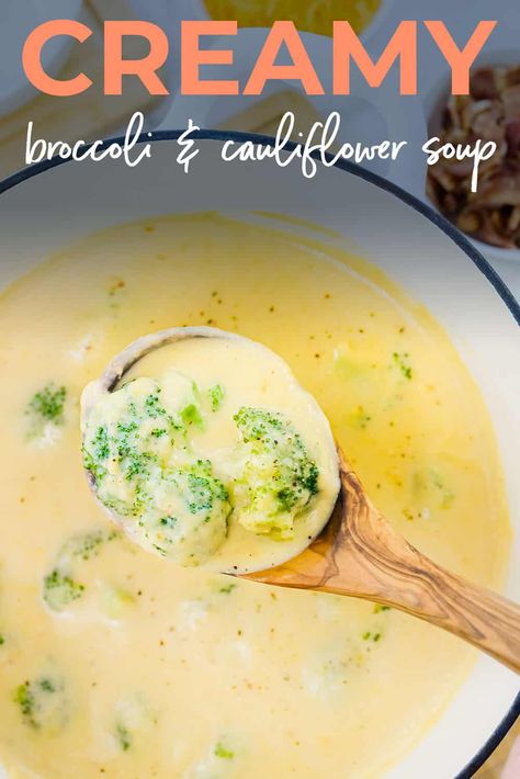 Our Broccoli Cauliflower Soup is creamy, comforting, and perfect for chilly nights! This healthy soup recipe is a hit with my entire family! Brocolli Cauliflower Soup, Crockpot Cauliflower, Broccoli Cauliflower Soup, Cauliflower Cheese Soups, Healthy Soup Recipe, Paleo Soups, Creamy Broccoli Soup, Broccoli And Cauliflower, Cauliflower Soup Recipes