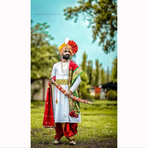 Peshwai Look has always been a symbol of Royalty. Look at our groom wearing the typical peshwai look with a special touch to it by @dressmebypriya . His attire added a royal peshwai touch to the grand wedding. Outfit Designed By : @priya.chaudhary_ Official page : @dressmebypriya #wedding #marathi #couplegoals Marathi Groom Outfit, Peshwai Look, Maharashtra Wedding, Engagement Couple Dress, Marathi Saree, Pose Wedding, Marathi Wedding, Indian Wedding Poses, Wedding Outfits For Groom