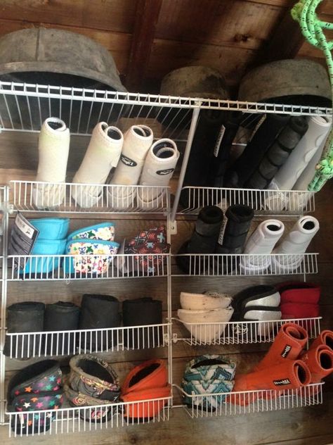 Horse Boot Storage, Horse Bit Storage Ideas, Saddle Pad Organization, Small Tack Room Ideas Diy, Tackroom Organization, Tack Room Organization Diy, Small Tack Room Organization, Horse Barn Organization, Small Tack Room Ideas