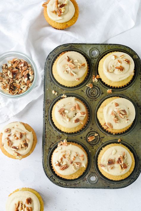 Spice Cupcakes with Maple Frosting are the perfect way to welcome fall.  The flavor combo of cinnamon and maple will quickly become a favorite. #cakemixes #recipe #easy #homemade #cinnamon #moist #withmaplefrosting #cupcakes #cake Spice Cupcakes With Maple Frosting, Maple Frosting Recipe, Recipe With Caramel, Caramel Buttercream Frosting, Maple Frosting, Fall Cupcakes, Caramel Buttercream, I Heart Naptime, Salty Cake