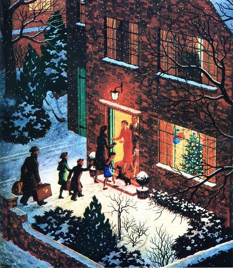 "Christmas Visitors" by Ronald Lampitt. John Bull, Dec 1951 Vintage Christmas Images, Christmas Feeling, Christmas Past, Christmas Scenes, Winter Art, Vintage Christmas Cards, Christmas Mood, Christmas Illustration, Christmas Aesthetic