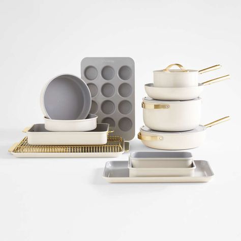 Caraway Cream Full Kitchen Set | Crate & Barrel Aesthetic Pots And Pans Set, White And Gold Pots And Pans, Caraway Pans, Beige Apartment, Caraway Cookware, Pan Rack, Ceramic Cookware, Pots And Pans Sets, Full Kitchen