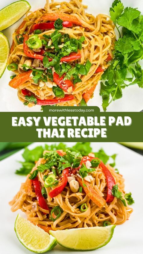 A collage of Easy Vegetable Pad Thai served on a white plate with sliced limes on the side Vegetable Pad Thai Recipe, Veggie Pad Thai Recipe, Thai Vegetarian Recipes, Pad Thai Recipe Vegetarian, Pad Thai Recipe Easy, Thai Vegetables, Veggie Pad Thai, Vegetable Pad Thai, Healthy Pad Thai