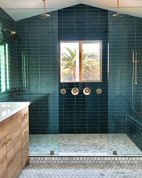 Who else needs a weekend retreat in this breathtaking master bath? 🙌🏽 @londonpiercedesign used our Tempesta Polished Marble Floor Tile paired with the glossy blue-green tones of our Color Mind Ceramic Wall Tile to achieve this glam bathroom oasis! Master Bath Design, Lone Pine, Black Interior Design, Marble Tile Floor, Tile Trends, Blue Tile, The Tile Shop, Bathroom Trends, Bad Design