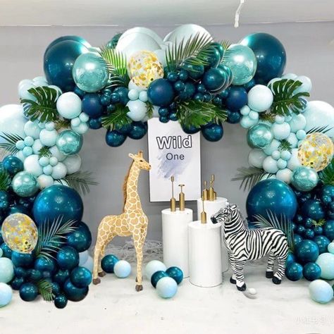 Green Blue Balloon Garland, Balloon Decorations Blue And Green, Safari Theme Balloon Arch, Balloon Garland Design, Blue Green Gold Balloon Garland, Blue Green White Balloon Garland, Blue Green Birthday Decor, Blue And Green Themed Birthday Party, Teal Blue Balloon Garland