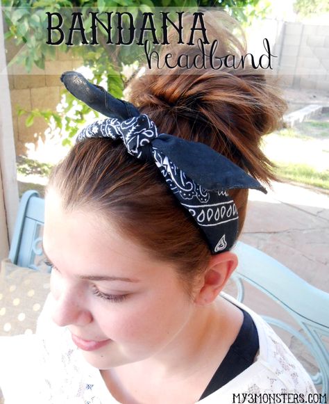 Easy Bandana Headband at my3monsters.com -- looks like a bandana tied around your head, but slips on and off in seconds! Hair Styles Bandana, Bandana Headbands, Bandana Crafts, Hair Scarf Styles, Hair Turban, Head Scarf Styles, Pigtail Hairstyles, Bandana Headband, Feather Headband