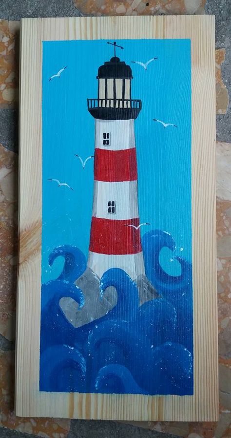 Painted Lighthouse On Wood, Lighthouse On Rocks, Diy Lighthouse Painting, Lighthouse Painting Ideas, Lighthouse Acrylic Painting, Lighthouse Painting Easy, Lighthouses Painting, Painting Lighthouse, Wood Lighthouse