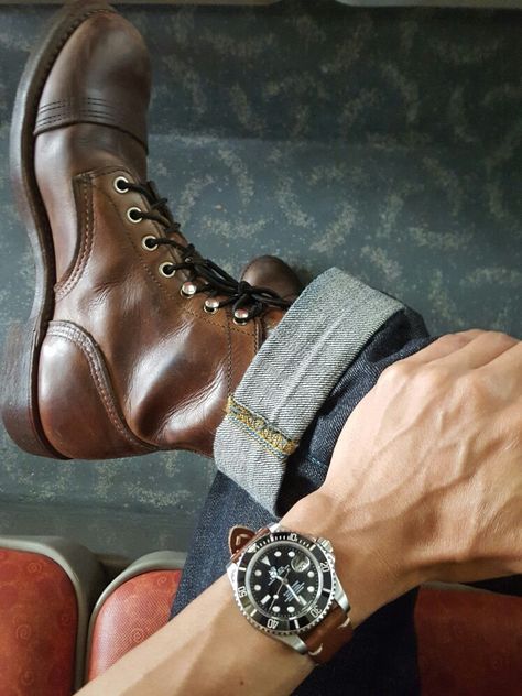 Watch: Rolexsubmeriner Denim: JapanBlue 0306 Boots: Redwing #8111 Redwing Iron Ranger 8111, Redwing 8111, Redwing Boots Outfit, Redwing Boots Mens, Red Wing Boots Iron Ranger, Lumberjack Boots, Red Wings Boots, Redwing Boots, Mens Wardrobe Essentials