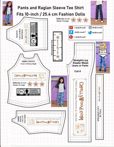 Visit ChellyWood.com for free, printable sewing patterns for doll clothes to fit dolls of many shapes and all different sizes. This image shows a raglan-sleeved T-shirt (tee) and jeans / dungarees or pants to fit Skipper, Project MC2 dolls and more. Follow the link provided to see a list of all the 10" dolls that will fit this free printable sewing pattern. Curvy Barbie Patterns Free, Curvy Barbie Clothes Patterns, Curvy Barbie Clothes Patterns Free, Barbie Dress Patterns, Printable Barbie, Free Doll Clothes Patterns, Free Printable Sewing Patterns, Free Barbie, Sewing Barbie Clothes