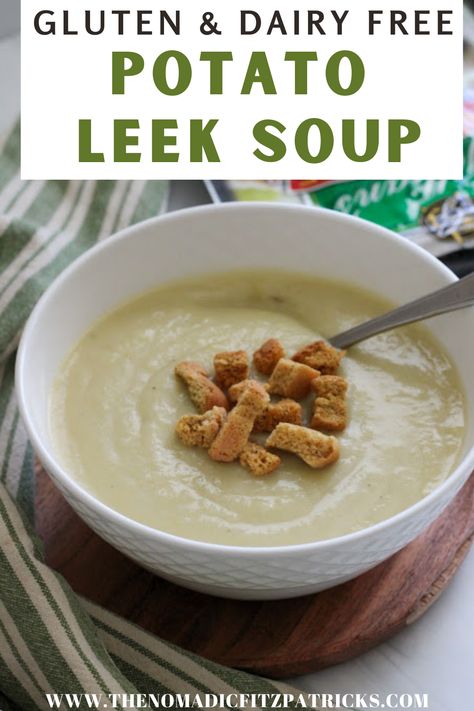 Gluten Free Croutons, Leeks Soup Recipes, Gluten Free Recipes For Lunch, Stomachache, Potato Leek, Gluten Dairy Free, Dairy Free Cream, Gluten Free Potatoes, Potato Leek Soup