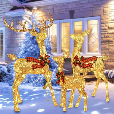 Create a captivating Christmas display with our Lighted Reindeer Family! This 3-piece set features a charming reindeer trio, adorned with 210 twinkling lights. Perfect for outdoor use, our kit includes stakes for easy installation. Elevate your yard decor this holiday season. Christmas Deer Lights, Reindeer Outdoor Decorations, Outdoor Reindeer, Led Glow Lights, Reindeer Lights, Santa Claus Decorations, Deer Ornament, Deer Family, Deer Decor