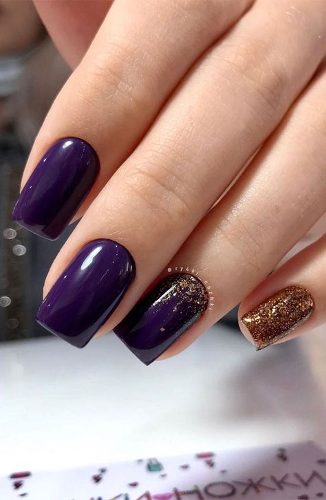 47 Beautiful Nail Art Designs & Ideas : Purple and gold nails Purple And Gold Nails, Dark Color Nails, Gold Gel Nails, Beautiful Nail Art Designs, Dark Purple Nails, Plum Nails, Violet Nails, Gold Acrylic Nails, Purple Nail Art