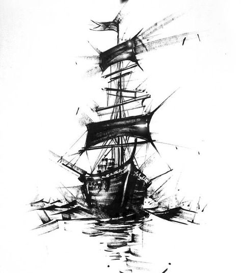 Ship Sketch Tattoo, Pirate Boat Tattoo, Ship Tattoo Sleeves, Pirate Ship Tattoo, Boat Tattoo, Pirate Tattoo, Trash Polka Tattoo, Nautical Tattoo, Ship Tattoo