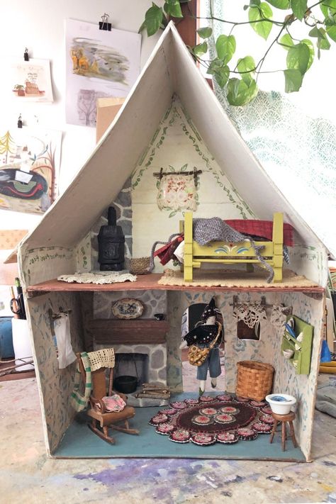 Hearth Pad, Cardboard Dollhouse, Ann Wood, Tiny Furniture, Homemade Dolls, Mini Doll House, Doll House Crafts, Cardboard House, Curtain Hardware