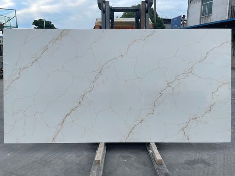 ECS49 Carrara Gold Countertop,prefab quartz countertops Carrara Gold Quartz Countertops, Gold Countertop, Marble Worktops, Calacatta Quartz, Waterfall Island, House Construction Plan, Calacatta Marble, Gold Kitchen, Custom Kitchen Cabinets