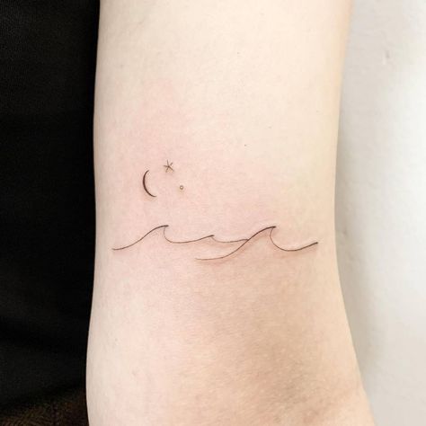 Wave Star Tattoo, Moon And Stars Minimalist Tattoo, Water Line Tattoo Ideas, Ankle Line Tattoos For Women, Wave Tattoo Ideas Ocean, Stars And Waves Tattoo, Waves Tattoo Design Minimalist, Moon Star Ocean Tattoo, Calm Ocean Tattoo