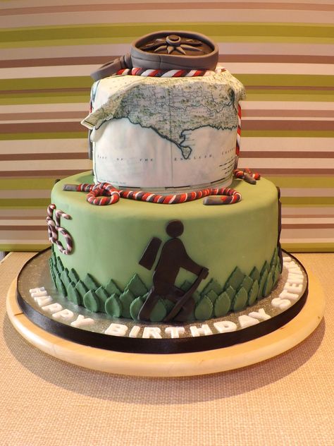 Hiking' themed birthday cake Hiking Cake Ideas, Hiking Cake, Rock Climbing Cake, Mountain Cake, Cake Design For Men, Camping Cakes, 80 Birthday Cake, Fondant Cake Designs, Birthday Cake For Him