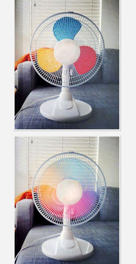 I have a little fan that i would love to try this with! i would need to put more colors in it though cuz mine has more blades Ceiling Fan Decorations Diy, Painted Ceiling Fans, Paint Fan Blades, Ceiling Fan Painting Ideas, Fan Painting Ideas, Diy Ceiling Fan, Painted Fan Blades, Rainbow Fan, Rooms Decoration