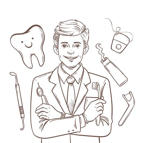 Dentist Drawing Art, Dentist Doodle, Dental Drawings, Dentist Drawing, Dentist Illustration, Drawing Teeth, Dental Illustration, Dentist Design, Dentist Cartoon