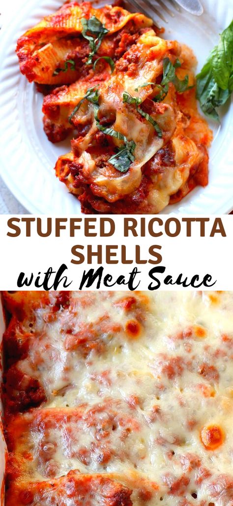 Stuffed Ricotta Shells with Meat Sauce perfect for weeknight dinners or entertaining a crowd! Ricotta Shells, Meat Manicotti, Stuffed Shells Beef, Stuffed Shells With Meat, Easy Stuffed Shells, Ricotta Stuffed Shells, Shells Stuffed, Chicken Stuffed Shells, Stuffed Shells Ricotta