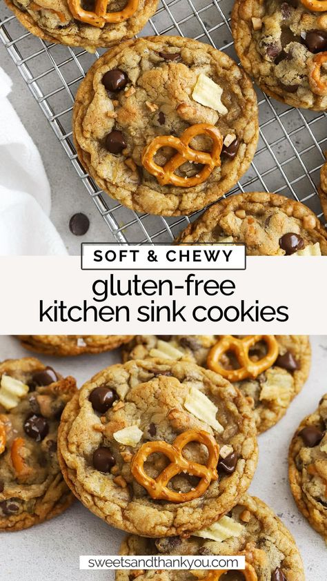 Panera Cookies, Cookies With Pretzels, Kitchen Sink Cookies Recipe, Gluten Free Holiday Cookies, Best Gluten Free Cookies, Sink Cookies, Gluten Free Cookie Dough, Gluten Free Cookie, Gf Sweets