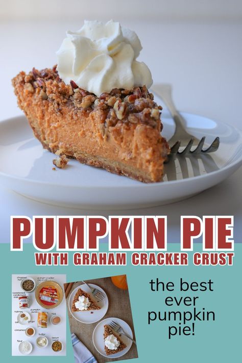 With pumpkin puree, sweetened condensed milk, an egg, pumpkin pie spice, and a nutty streusel top, this delicious pumpkin pie comes together quickly and easily in a buttery graham cracker crust for one of the best fall desserts ever, perfect for Thanksgiving Day and throughout the holiday season. Graham Cracker Crust Pumpkin Pie, Pumpkin Pie With Graham Cracker Crust, Pumpkin Pie Graham Cracker Crust, Best Fall Desserts, Pie With Graham Cracker Crust, Holiday Recipes Thanksgiving, Graham Cracker Crust Pie, Best Pumpkin Pie, Easy Thanksgiving Recipes