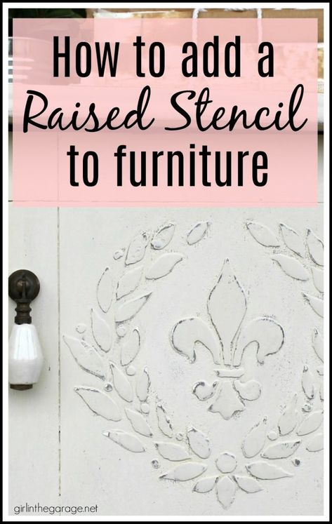 Embossed Furniture, Stenciled Furniture Diy, Antique Humidor, Refurbished Furniture Diy, Raised Stencil, Vans Girl, Furniture Appliques, Furniture Painting Techniques, Stencil Furniture