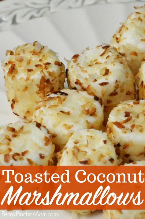 Easy dessert idea!!  Make toasted coconut marshmallows in just a few minutes easily at home.  Once you know how simple it is to make these marshmallows, you'll never buy them again!!!    Simple Desserts | easy dessert ideas | coconut marshmallows | toasted marshmallows Coconut Marshmallow Recipe, Toasted Coconut Recipes, Easy Dessert Idea, Easy Dessert Ideas, Easy Easter Treats, Simple Desserts, Marshmallow Treats, Recipes With Marshmallows, Roasting Marshmallows