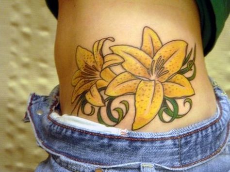 Tiger Lilly Yellow Lily Tattoo, Small Tiger Lily Tattoo, Tiger Lily Tattoo On Back, Tiger Lily Memorial Tattoo, Tiger With Lily Tattoo, Tiger Lily Vine Tattoo, Flower Tattoo Sleeve Men, Flower Side Tattoo, Yellow Tattoo