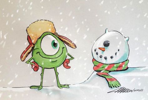 "Mike Wazowski finds someone he can see eye-to-eye... Monster Co, Pixar Animation Studios, Xmas Drawing, Pixar Animation, Classic Christmas Movies, New Year Illustration, Disney Monsters, Mike Wazowski, Cute Disney Pictures