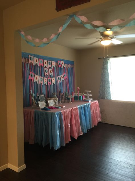 Gender Reveal Party #diy #genderreveal #party #candytable #sweetstable #backdrop Food Table Backdrop, Gender Reveal Design, Backdrop Simple, Gender Reveal Diy, Creative Gender Reveals, Baby Series, Twin Gender Reveal, Baby Gender Reveal Party Decorations, Table Backdrop