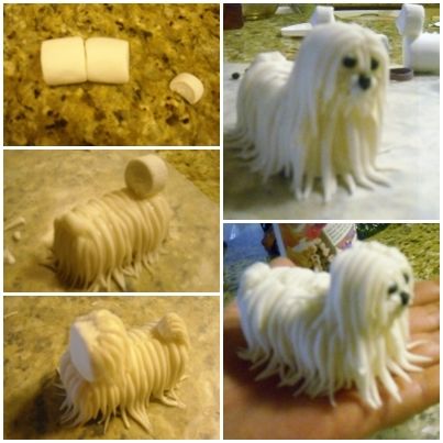 Marshmallow dog -  Body is made from 2 marshmallows and head is 1/4 of a marshmallow. Hair is gumpast/fondant mix Fondant Dog, Puppy Cupcakes, Sheep Dog, Dog Cake Topper, Fondant Animals, Bird Cakes, 3d Figures, Creative Cake Decorating, Animal Cakes