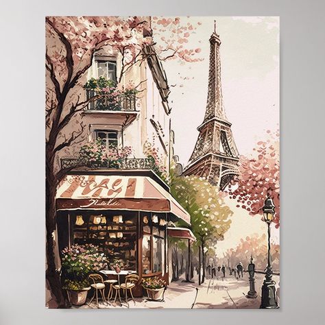 Aesthetic Cafe Drawing, Parisian Coffee Shop, Watercolor Buildings, Watercolor Painting Easy, Scene Poster, Nice Tattoos, Random Products, Girls Room Design, Cafe Wall Art