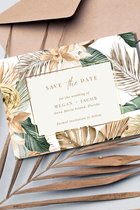 Beach Tropical Leaf Wedding Save the Date Save The Date Beach, Tropical Save The Date, Lily Wedding, Anna Maria Island, Beach Tropical, Wedding Leaves, Tropical Leaf, Wedding Save The Date, Formal Invitation